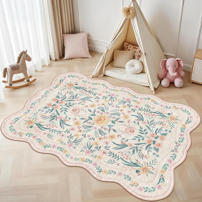 Pink Floral Rug 4X6 for Girls Bedroom or Nursery, Scalloped Cottagecore - Image 3