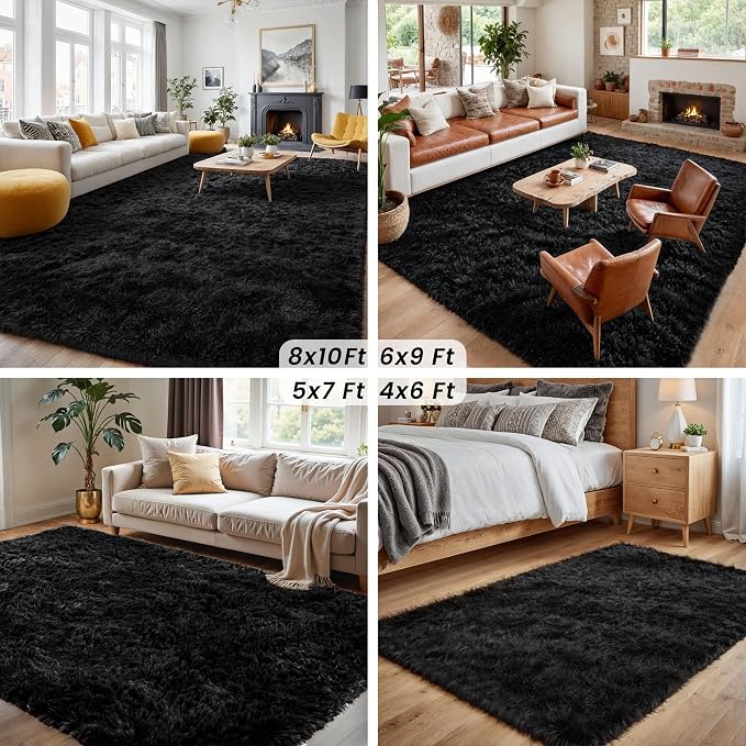 5x7 Area Rugs for Living Room: Ultra Soft Fluffy Shag Black Rug for Bedroom - Image 7