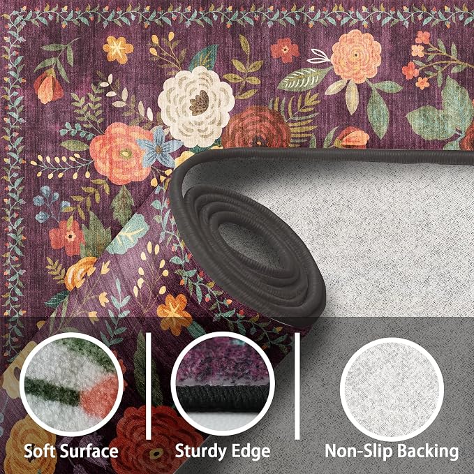 Washable Area Rug 8x10, Large Soft Floral Purple Carpet - Image 2