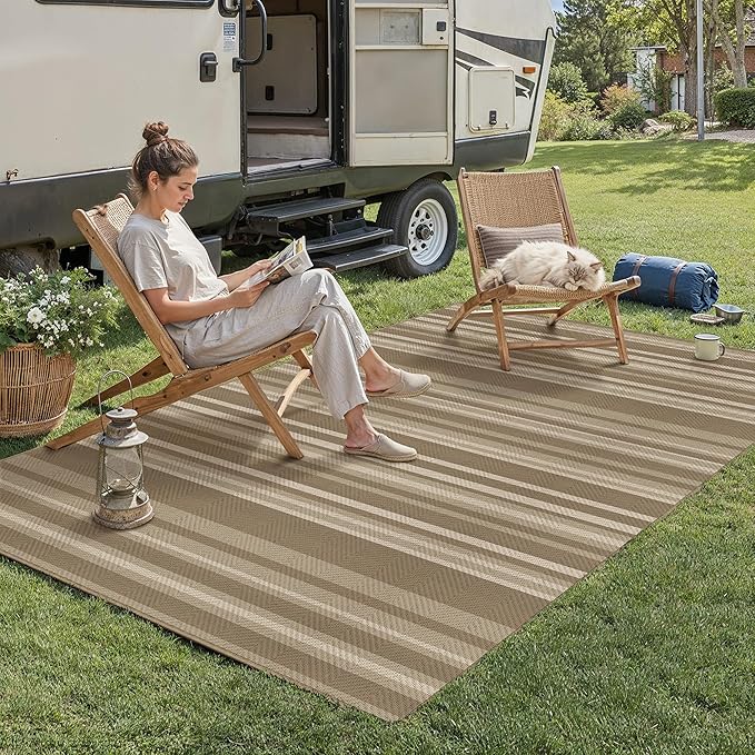 5x7 Easy Jute Stripe Area Rug Washable Beige Brown Indoor Outdoor Carpet Non by WondRg