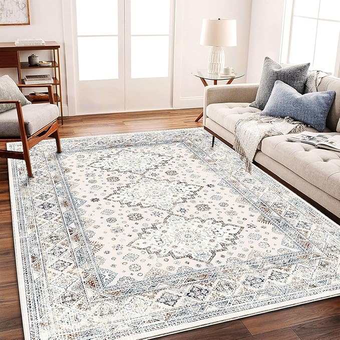 CHAMPLANT Washable Area Rug 5x7 Retro Boho Chic Medallion Distressed Design by CHAMPLANT