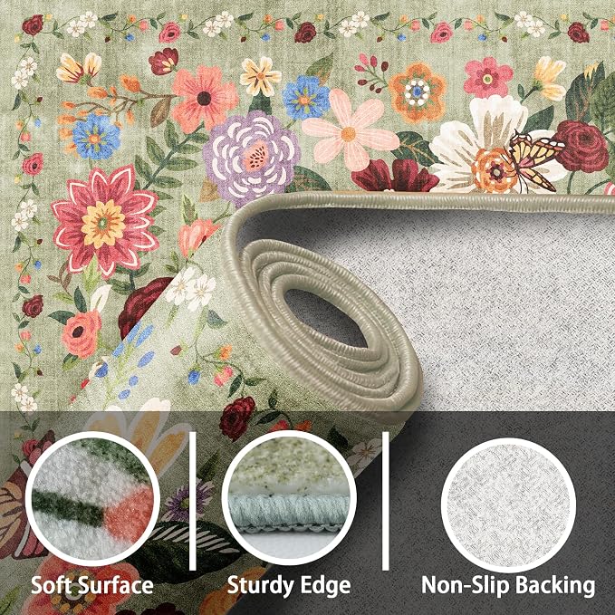 Green Area Rugs 9x12 Washable Non Slip Floral Low Pile Large Rug - Image 2