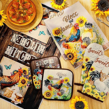 Leinuosen 6 Rooster Sunflower Farmhouse Kitchen Decor Dish Towels Oven Mitts - Image 4