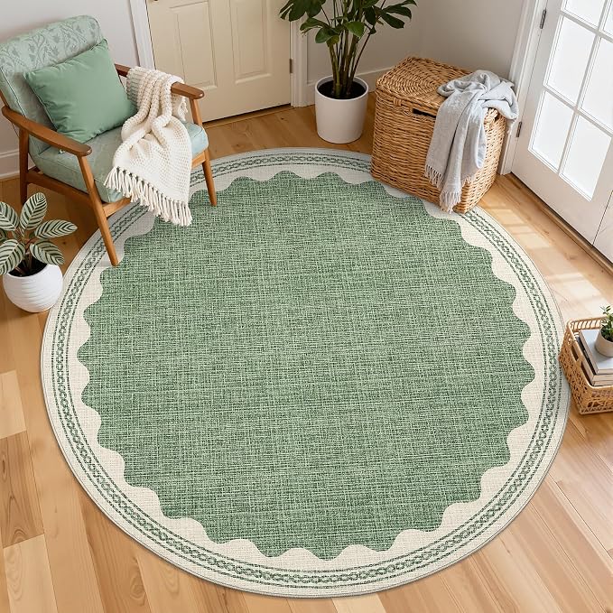 GarveeHome Scalloped Sage Green 4ft Round Rug Washable Non-Slip Soft Ultra-Thin by GarveeHome