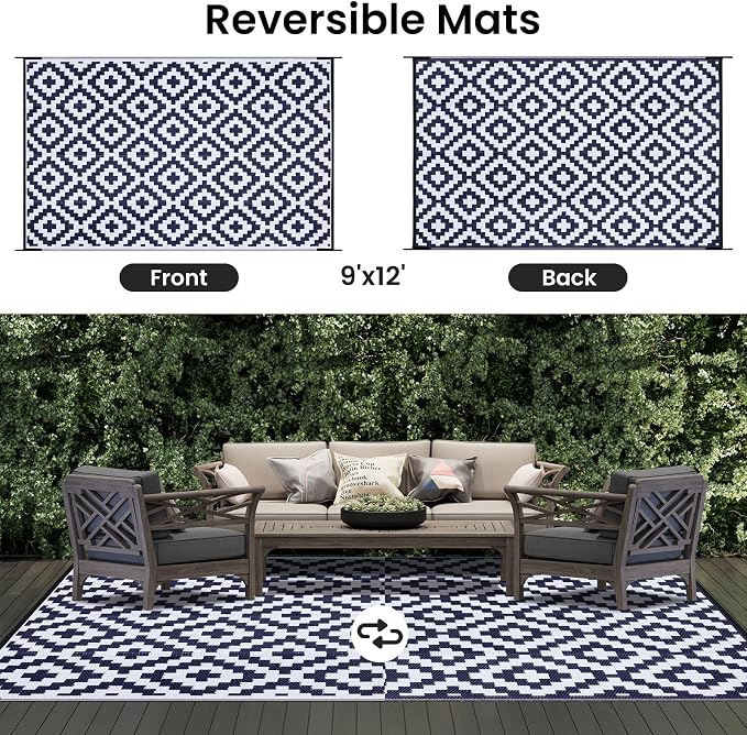 Smiry Waterproof Outdoor Rug 9x12 ft, Reversible Plastic Straw Patio Camping - Image 3