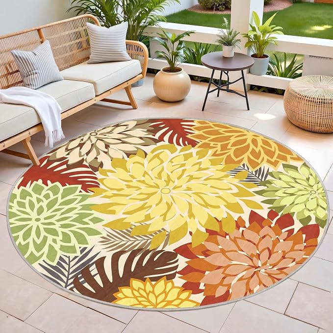 Colorful 6FT Outdoor Round Area Rug Washable Rugs Multicolored Patio Rug - Image 3