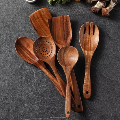 Premium Teak Wooden Spoons for Cooking, 6-Piece Wood Kitchen Utensils Set for - Image 3