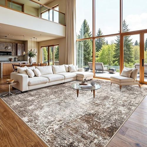 12x12 Square Living Room Rug – Modern Abstract Neutral Extra Large Washable by BYYVOORugsforYourHome