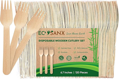 ECOSANX® 120 PCs Wooden forks for eating 6.5" Splinter Free Compostable Forks by ECOSANX