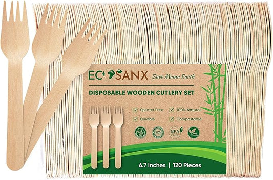 ECOSANX® 120 PCs Wooden forks for eating 6.5" Splinter Free Compostable Forks by ECOSANX
