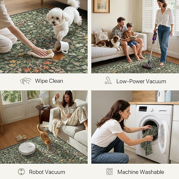 GENIMO 9x12 Washable Area Rug, Non-Slip Vintage Boho Floral Carpet, Soft - Image 6