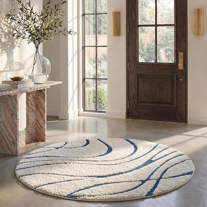 SAFAVIEH Florida Shag Collection 8' Round Cream/Blue SG471 Abstract Wave by Unknown