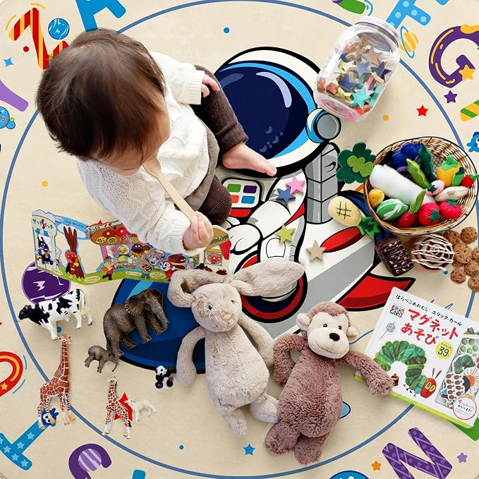 Washable Alphabet ABC Round Rug 3.4ft, Kids Astronaut Space Circle Carpet - Image 7