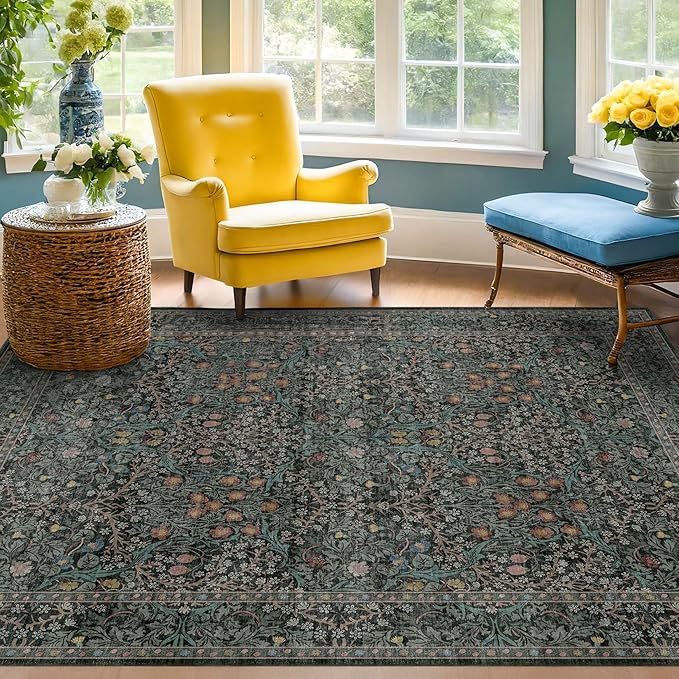 Dark Green Floral Living Room Rug 5x7 Area Rug - Image 10