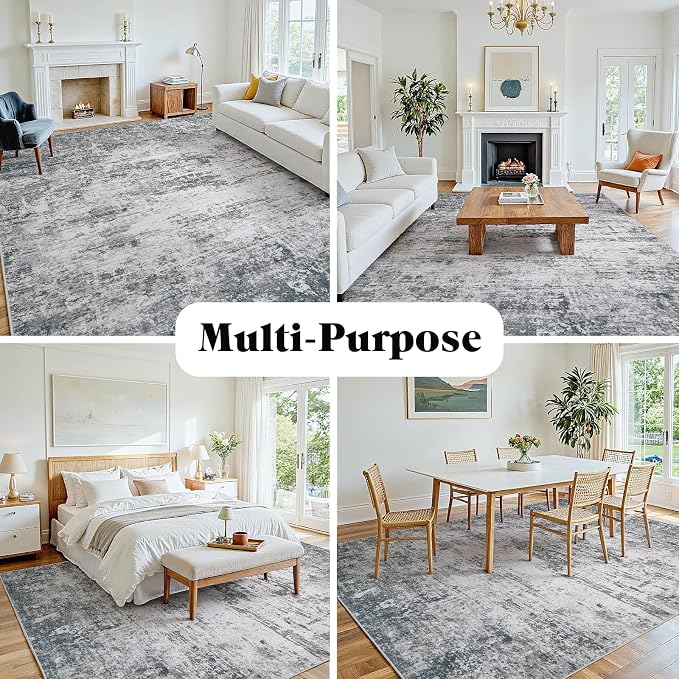 Area Rug 5x7 Living Room Rug Washable: No-Slip Abstract Soft Thin Large Gray - Image 8