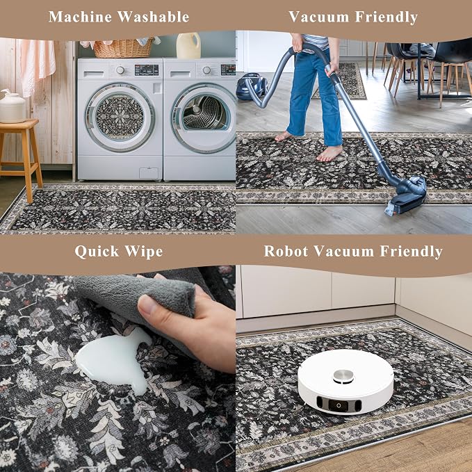 Kitchen Rugs Set of 2 Washable Non Slip – Soft Low Pile Boho Floral Decorative - Image 7