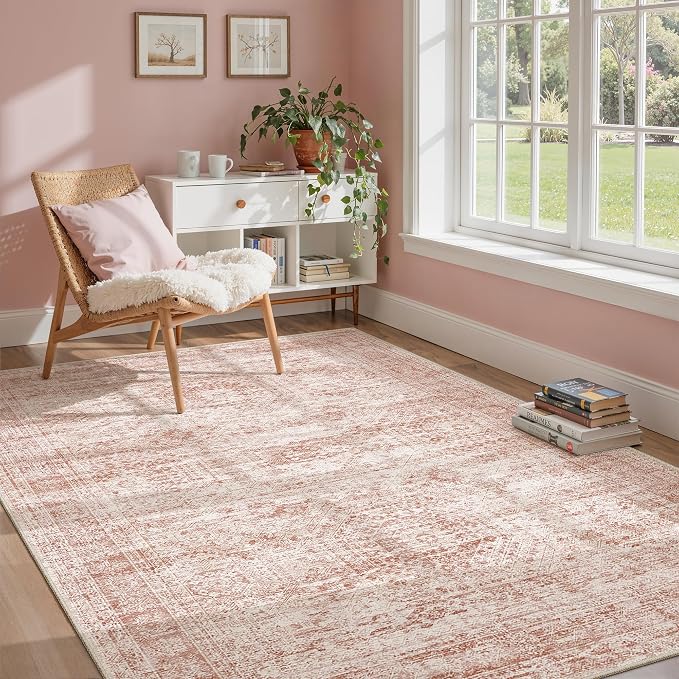 Soalmost 5x7 Area Rugs Pink Low Pile Indoor Washable Trendy Faded Style Rugs - Image 2