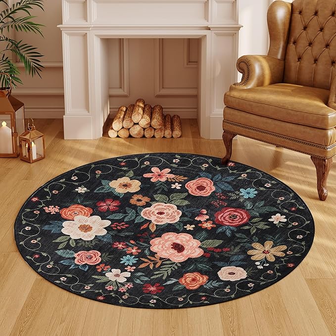 DUKINO Floral Round Rug, 4ft Washable Round Area Rug, Non Slip Indoor Low Pile - Image 5