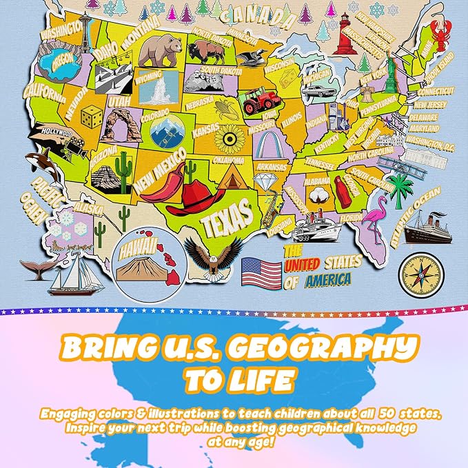 Educational USA Map Area Rug 5x7, Playroom Bedroom Classroom Rug - Image 2