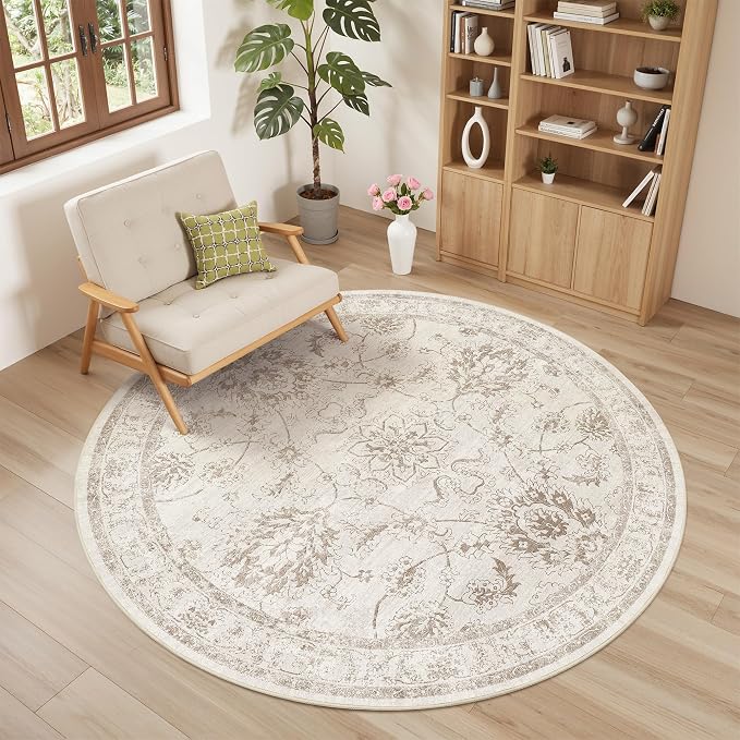 Madane Washable Round Rug 5ft for Living Room, Soft Ultra-Thin Non-Slip Vintage by Madane