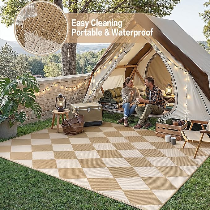 Outdoor Plastic Checkered Rug Waterproof Patio 5x8 Beige Brown Diamond Geometry - Image 5