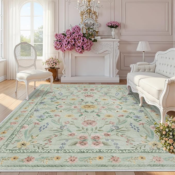 Green Floral Washable Area Rug 8x10 – Large Vintage Boho Non-Slip Carpet by Dadasgk