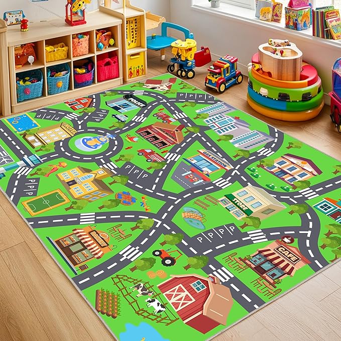 Kids Room Rug - Soft & Non-Slip 9x12 Ft Town Car Rug City Map Play Mat by OHDS