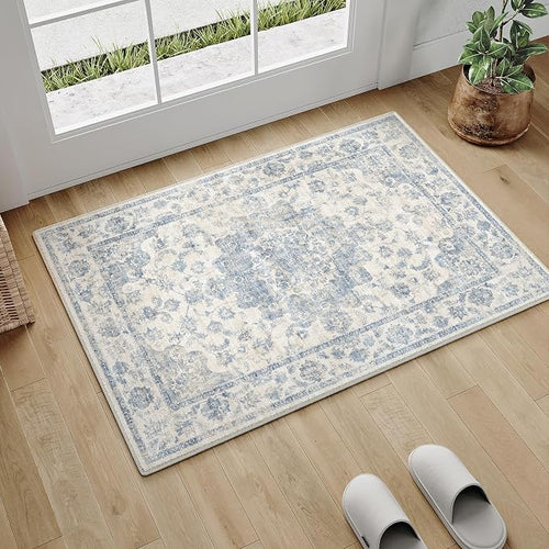 2x3 Washable Neutral Area Rug Blue Vintage Entryway Kitchen Carpet Non-Slip by WondRg