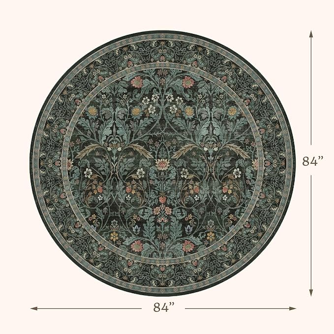 Washable 7ft Round Area Rug for Living Room, Dark Green Vintage Floral Rug for - Image 2