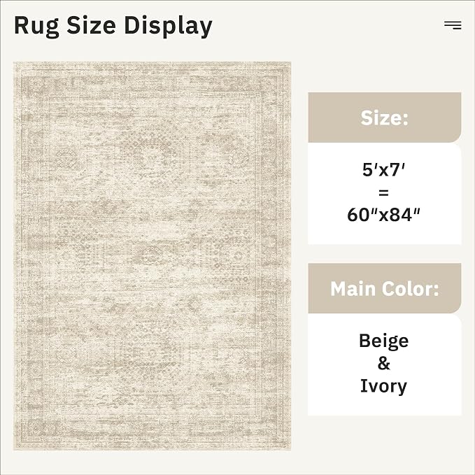 Soalmost 5x7 Area Rugs Beige Low Pile Indoor Washable Trendy Faded Style Rugs - Image 3