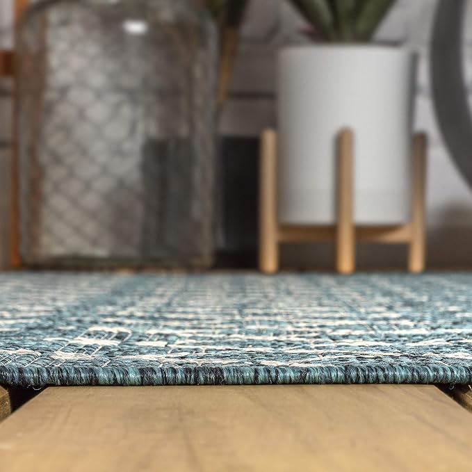 JONATHAN Y Moroccan Geometric Indoor Outdoor Round Area Rug 5 Ft Teal/Gray - Image 8