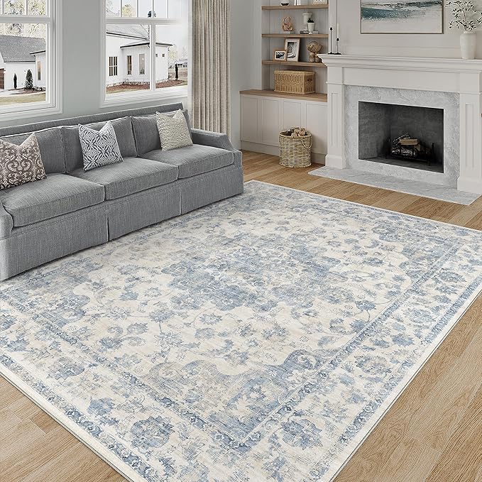 6x9 Washable Neutral Area Rug Blue Vintage Living Room Bedroom Carpet Non-Slip - Image 3