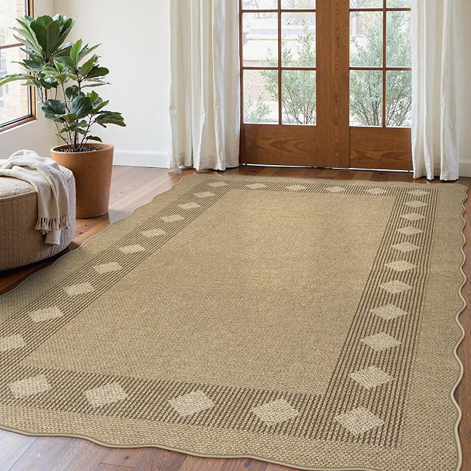 LIVEBOX Easy Jute Diamond Rug for Living Room, Scalloped Washable 5x7 Tan Rug by LIVEBOX