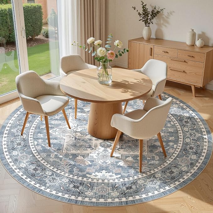 6ft Round Area Rug: Washable Vintage Neutral Soft Non Slip Thin Large Floor - Image 3