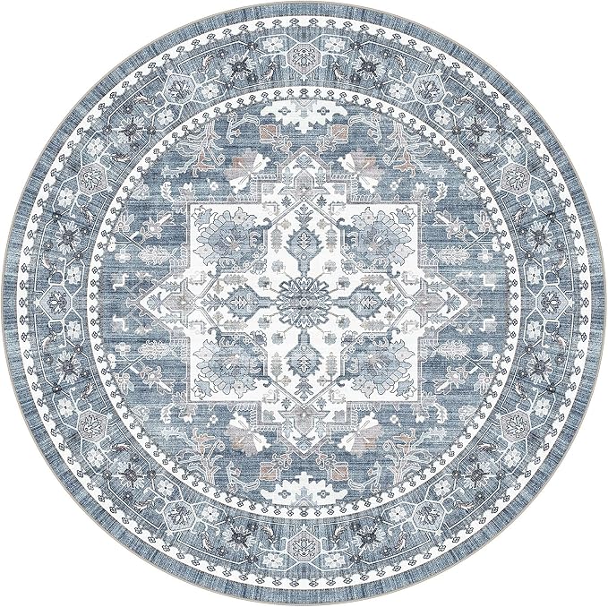 6ft Round Area Rug: Washable Vintage Neutral Soft Non Slip Thin Large Floor - Image 9