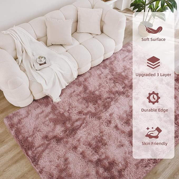 Litanika 5x8 Shag Area Rug for Living Room Bedroom, Tie-Dyed Dusty Pink High - Image 4
