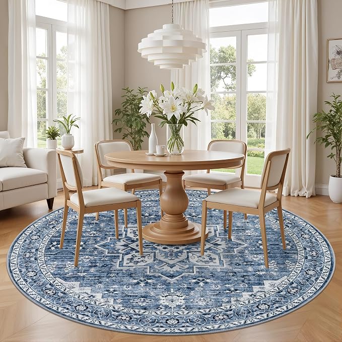 Round Area Rug for Living Room: 6ft Washable Vintage Boho Soft Thin Circle Rug - Image 3
