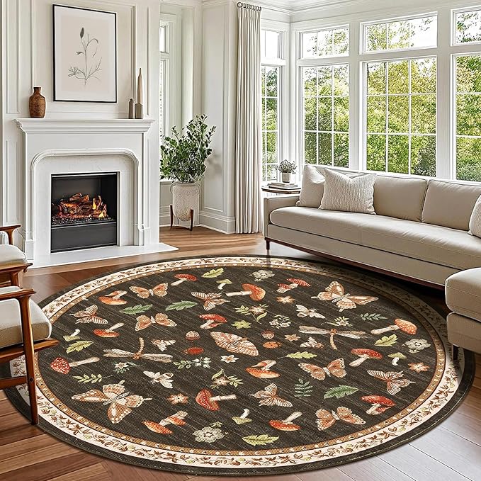 Mushroom Insect 7ft Round Rug Washable Non-Slip Soft Ultra-Thin Large Boho by ROYHOME