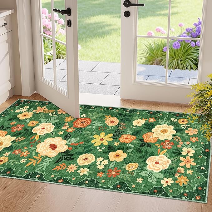 DUKINO 2x4 Rug for Entryway, Washable Kitchen Floral Runner Rug by DUKINO