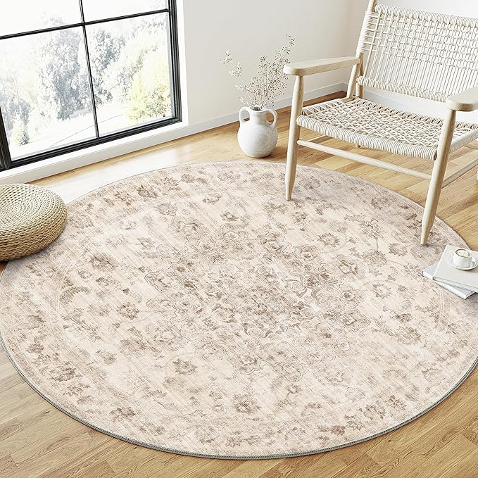 5x5 Washable Neutral Round Rug Beige Vintage Entryway Kitchen Cirlce Rug by WondRg