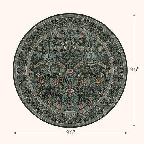 8ft Round Rug for Living Room, Dark Green Vintage Botanical Floral Large Circle - Image 2