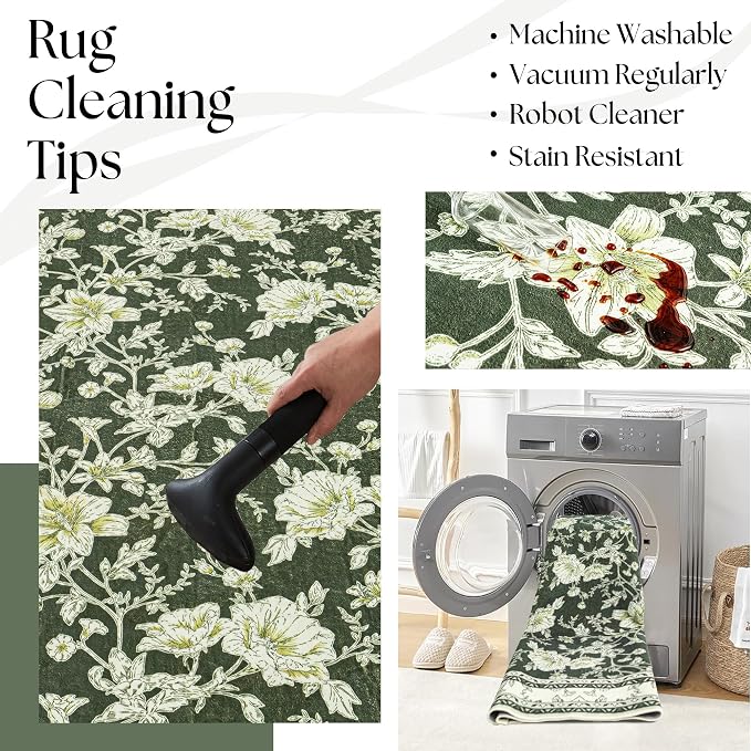 Olive Green Floral 5x7 Area Rug Vintage Boho Washable Printed Rug - Image 5