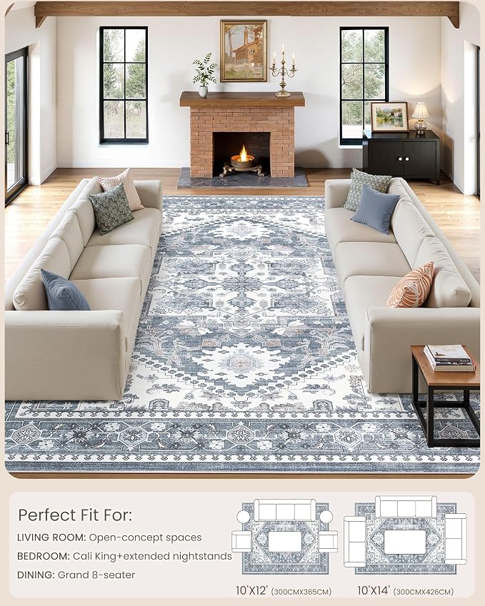 10x14 Vintage Area Rug: Washable Neutral Soft Non Slip Thin Large Floor Carpet - Image 8