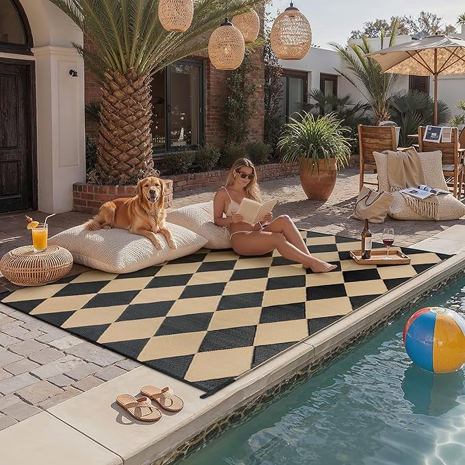 Outdoor Plastic Checkered Rug Waterproof Patio 5x8 Black Brown Diamond Geometry - Image 2