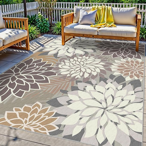 9x12 Outdoor Area Rug Washable Multicolored Patio Rug Tropical Botanical Floral by ArenaRug