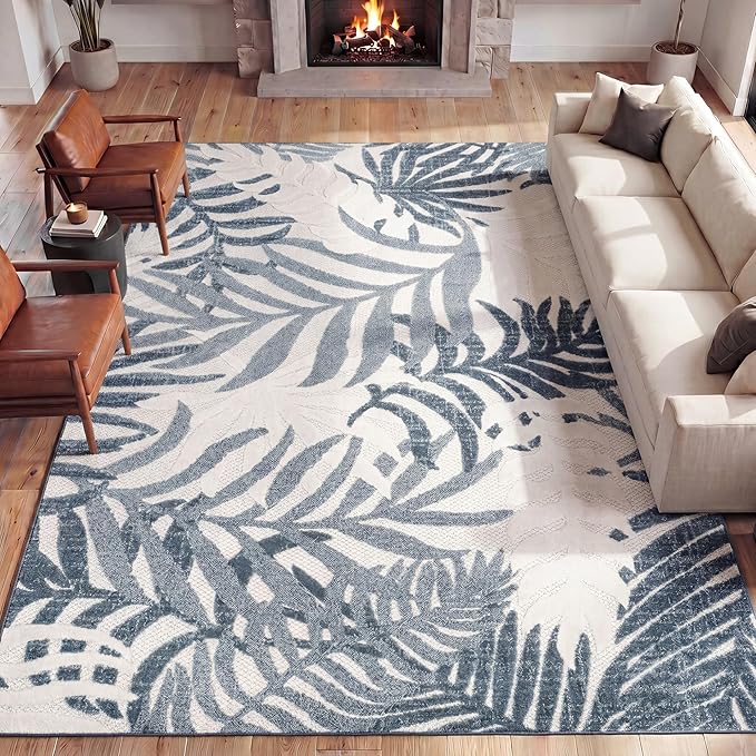 JONATHAN Y Tropics Palm Leaves Indoor Outdoor Area Rug 3x5 Cream/Dark Blue - Image 3