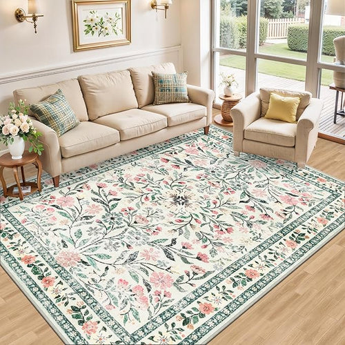8x10 Area Rugs for Living Room: Floral Washable Rug Vintage Large Soft Boho - Image 2