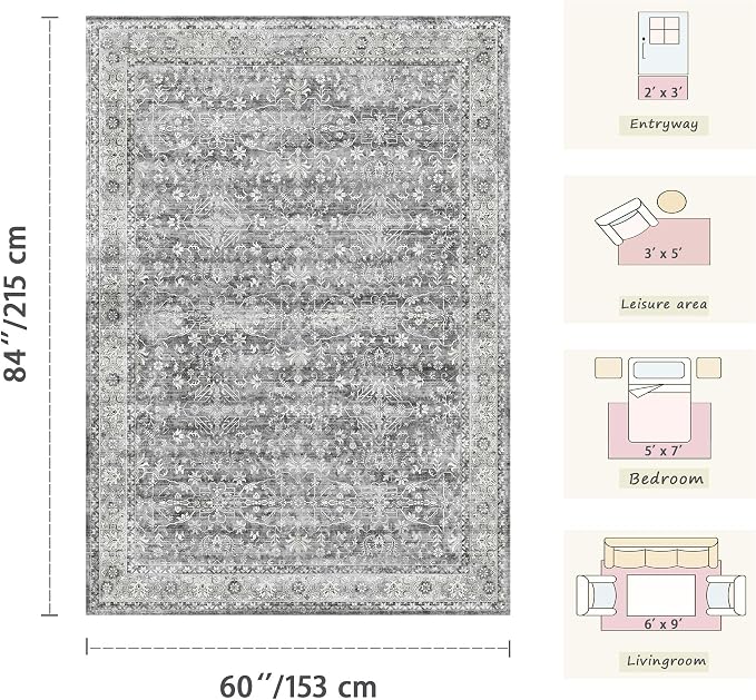 Latte&Fog 4x6 Rugs for Living Room, Vintage Washable Grey Area Rug for Bedroom - Image 2