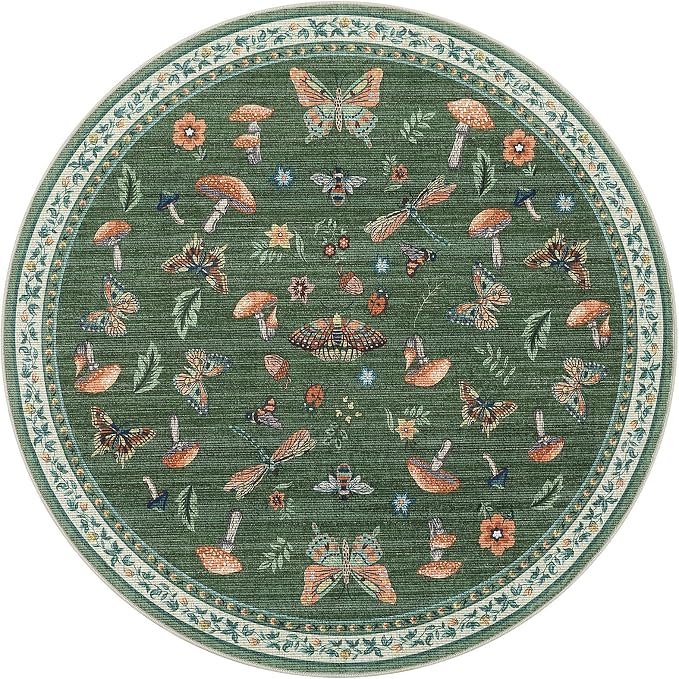 Mushroom Insect 6ft Round Rug Washable Non-Slip Soft Ultra-Thin Boho Circle - Image 4