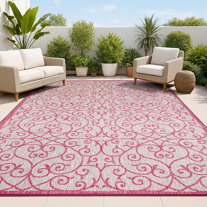 JONATHAN Y Vintage Filigree Indoor Outdoor Area Rug 4X6 Light Gray/Fuchsia by JONATHANY